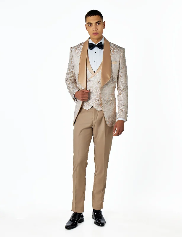 LOUIS – CHAMPAGNE GOLD DAMASK PRINT 3 PIECE WEDDING TUXEDO SUIT