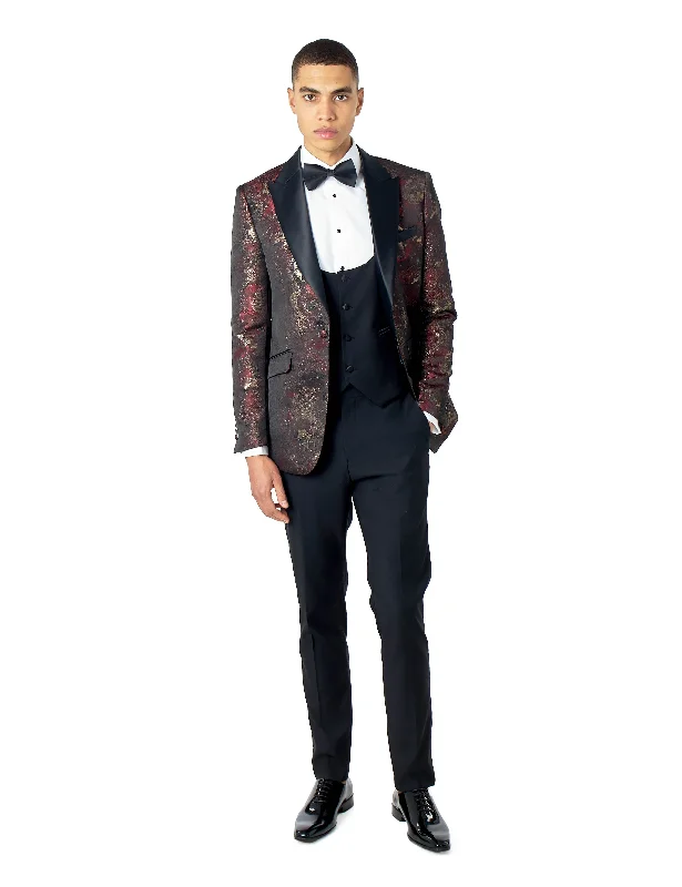 ALINO – MAROON PRINTED WEDDING PARTY TUXEDO 3 PIECE SUIT