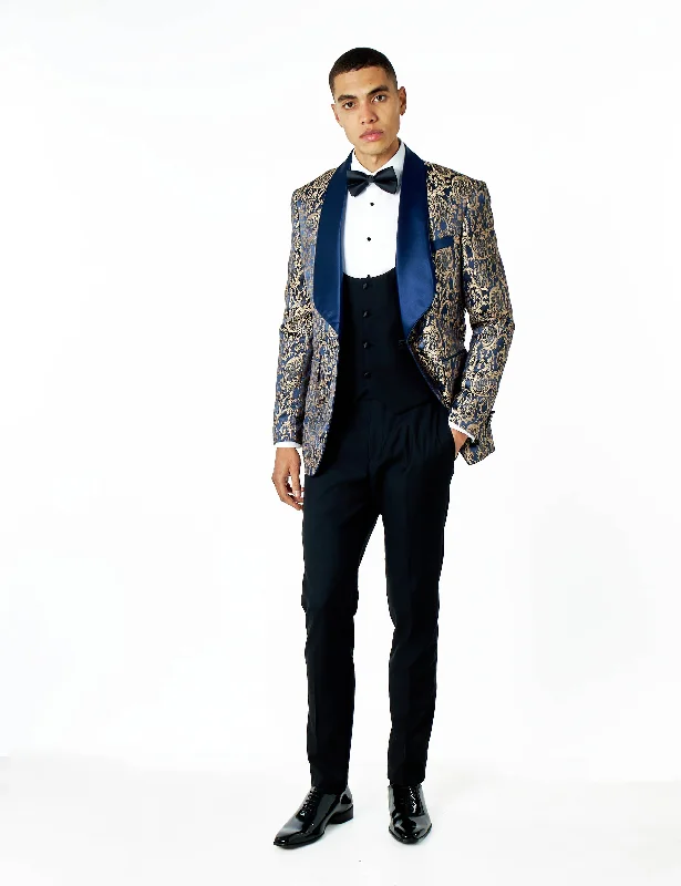 LOUIS – NAVY GOLD DAMASK PRINT 3 PIECE WEDDING TUXEDO SUIT