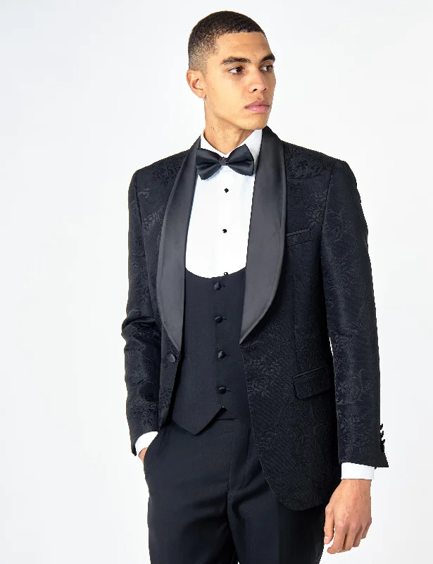 HENRY – BLACK 3 PIECE TUXEDO SUIT DAMASK FLOCKED JACQUARD PRINTED