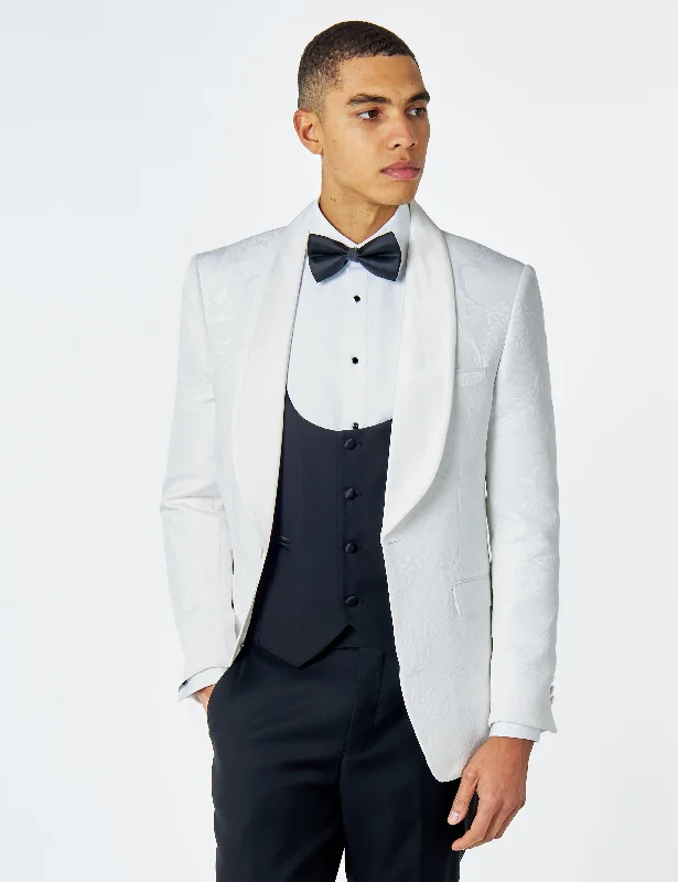 HENRY – WHITE 3 PIECE TUXEDO SUIT DAMASK FLOCKED JACQUARD PRINTED