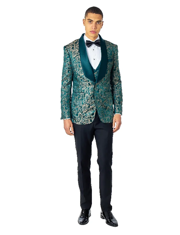 LOUIS – GREEN GOLD DAMASK PRINT 3 PIECE WEDDING TUXEDO SUIT