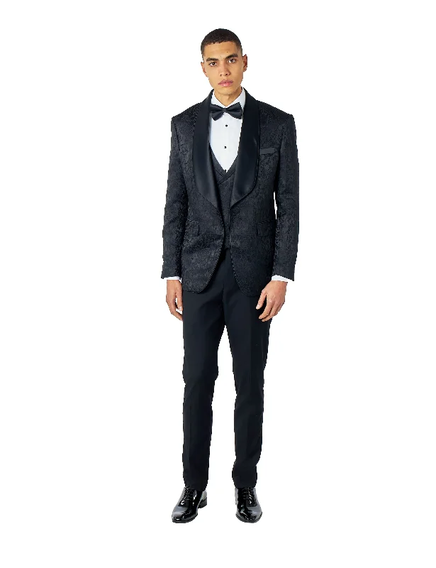 LOUIS – 3 PIECE BLACK DAMASK PRINT WEDDING TUXEDO SUIT