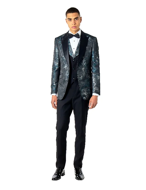 ALINO – GREEN BLACK PRINTED WEDDING PARTY TUXEDO 3 PIECE SUIT