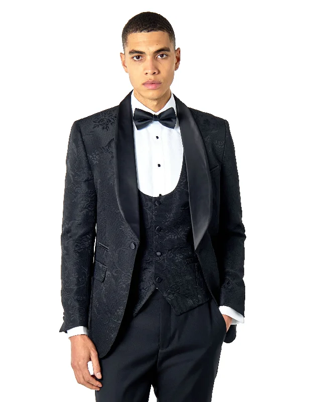 HENRY – BLACK DAMASK FLOCKED JACQUARD PRINT 3 PIECE TUXEDO SUIT