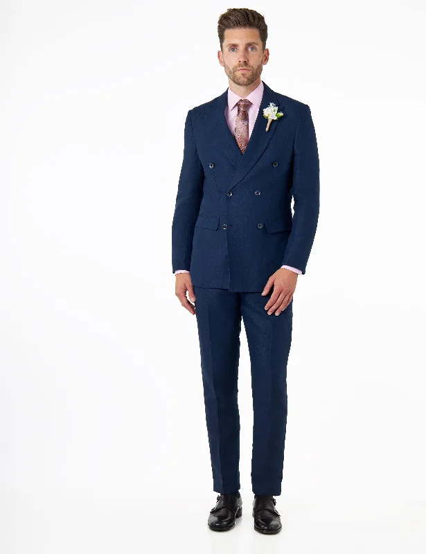 RAY - Tailored Fit Double Breasted Suit in Navy Herringbone Linen