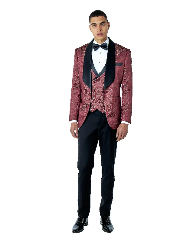 LOUIS – MAROON 3 PIECE DAMASK PRINT WEDDING TUXEDO SUIT