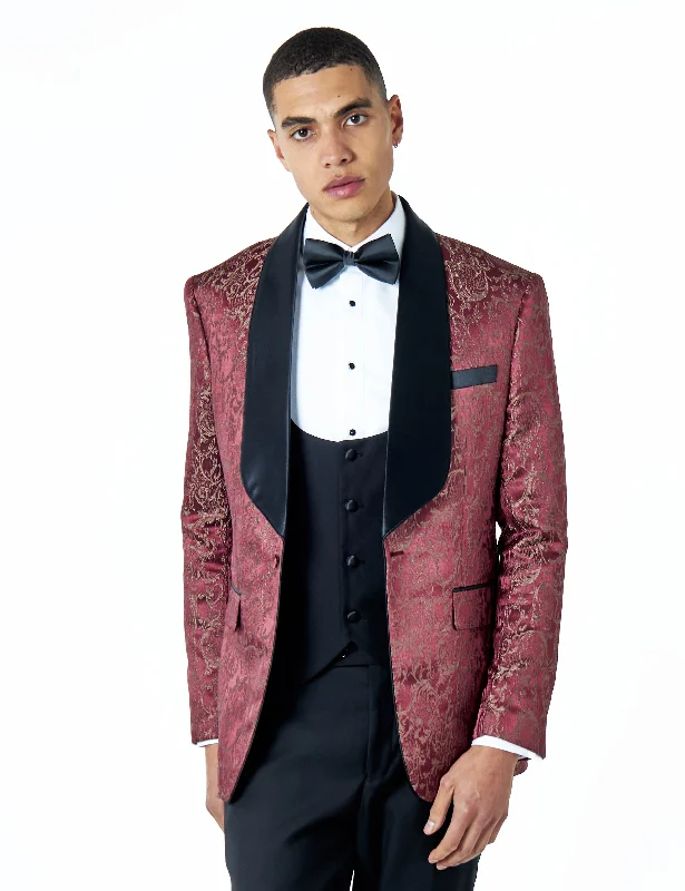 LOUIS – MAROON DAMASK PRINT 3 PIECE WEDDING TUXEDO SUIT