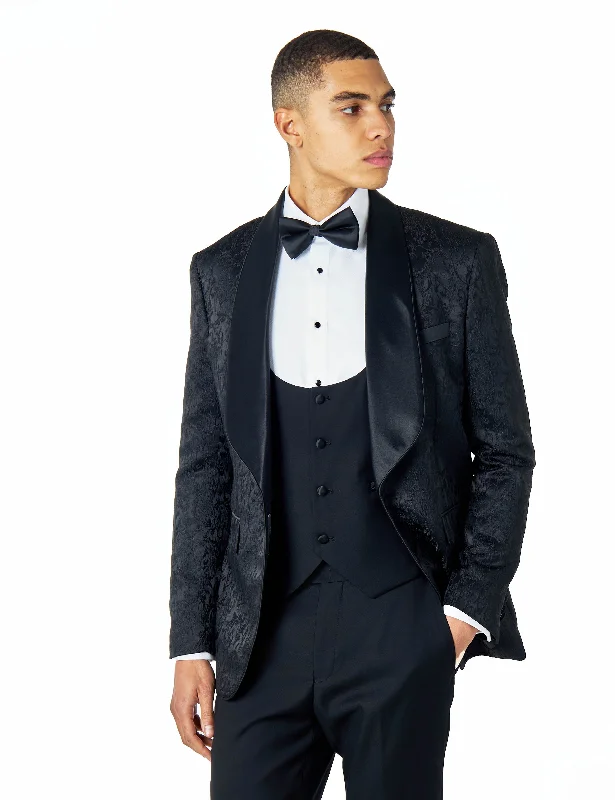 LOUIS – BLACK DAMASK PRINT 3 PIECE WEDDING TUXEDO SUIT