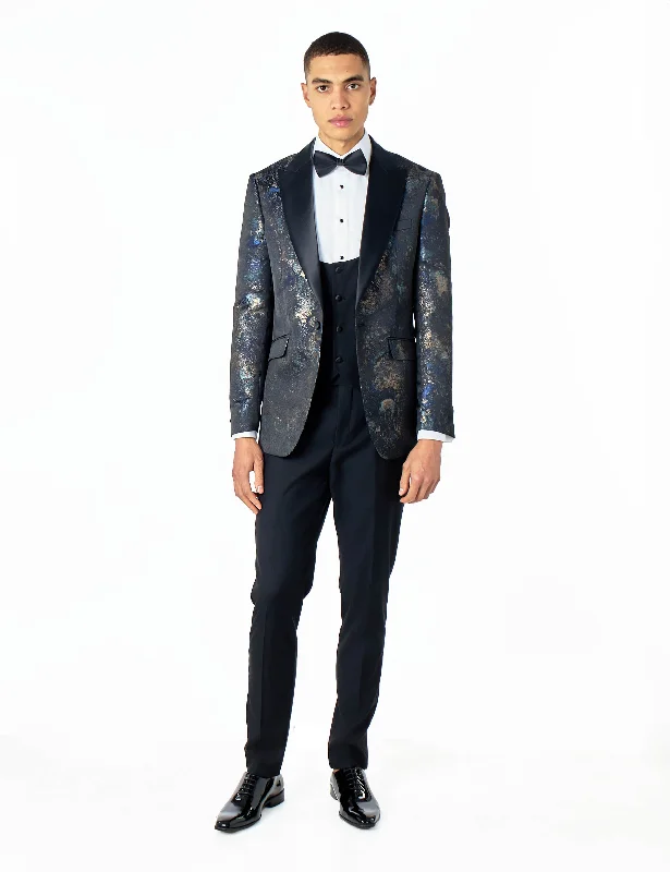 ALINO – BLACK BLUE PRINTED WEDDING TUX 3 PIECE SUIT