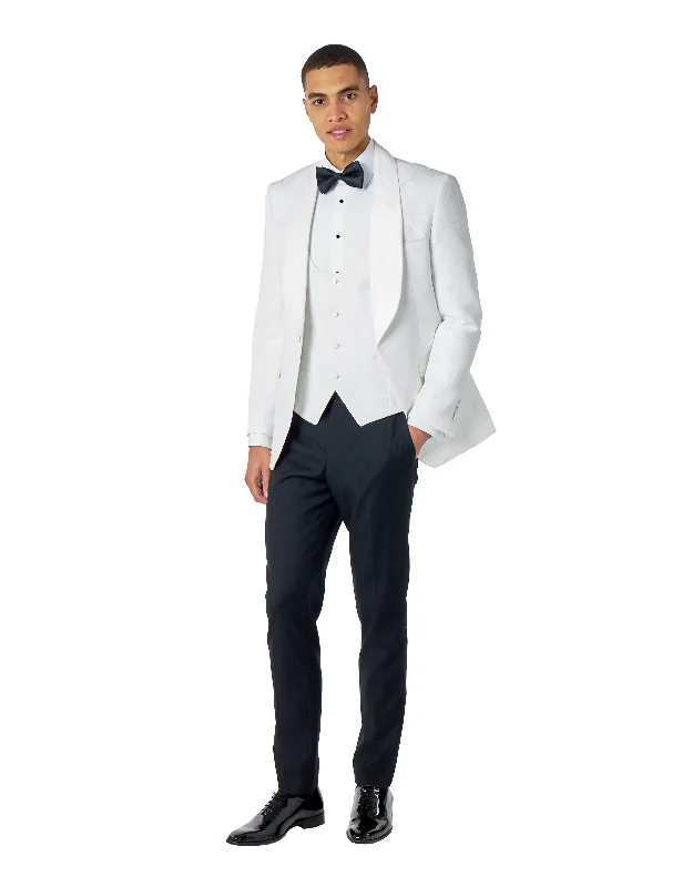 HENRY – WHITE 3 PIECE TUXEDO SUIT FLOCKED JACQUARD PRINT