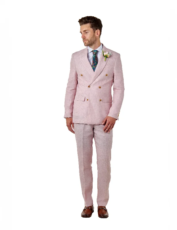 Tailored Fit Double Breasted Pink Linen Suit