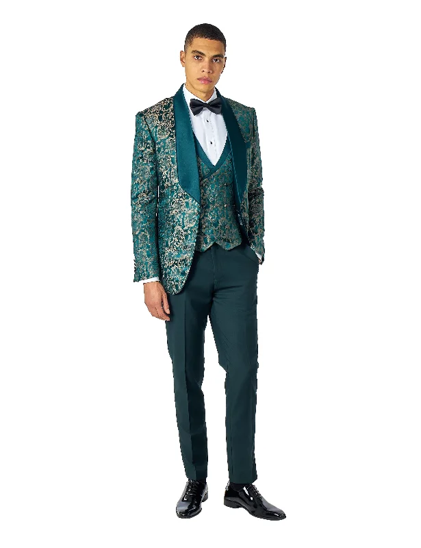 LOUIS – GOLD DAMASK PRINT ON GREEN 3 PIECE WEDDING TUXEDO SUIT