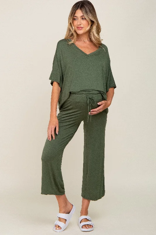 Olive Cropped Pant Maternity Set