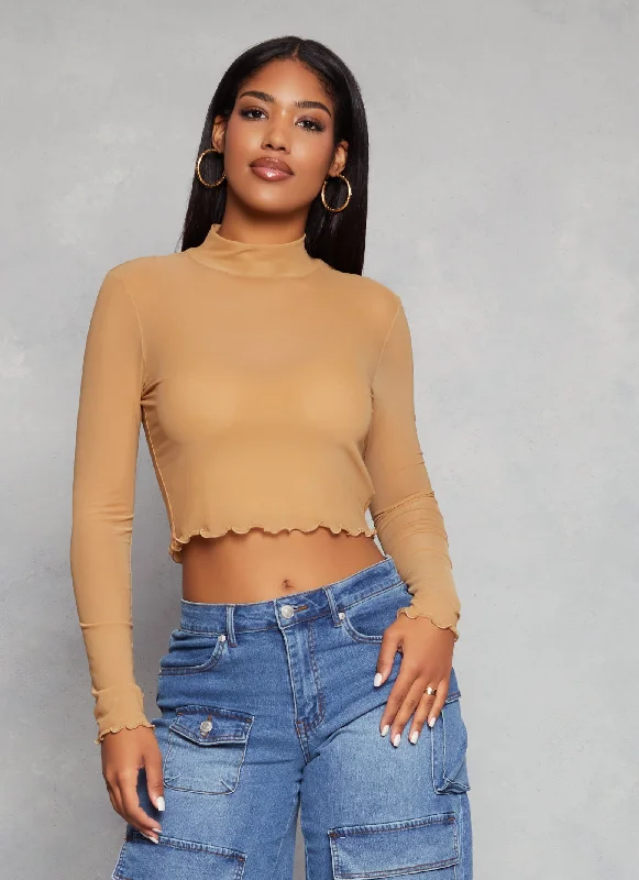 Mesh Mock Neck Lettuce Edge Crop Top