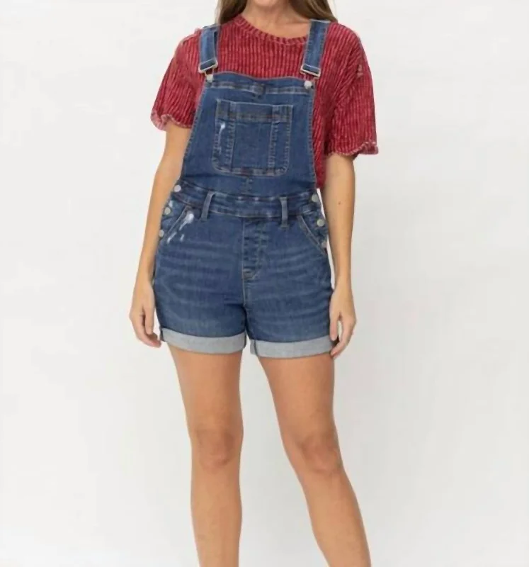 Destroy Cuffed Overall Shorts In Dark Wash