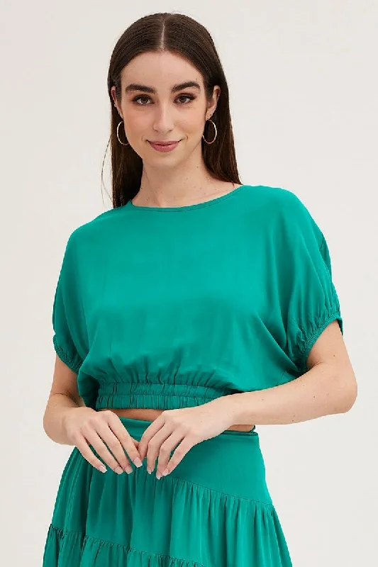 Green Crop Top Short Sleeve Elasticated Waist