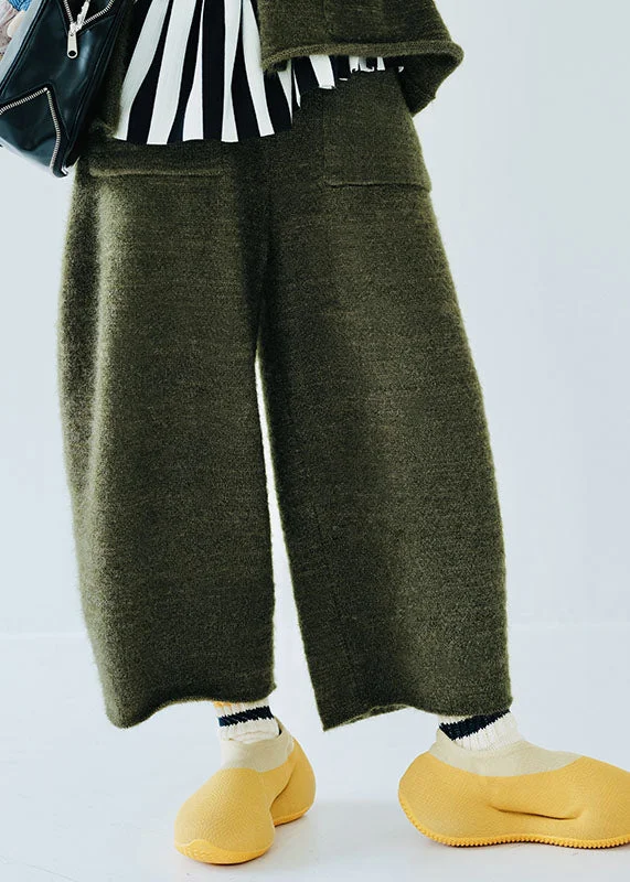 Simple Blackish Green Elastic Waist Cotton Knit Wide Leg Pants