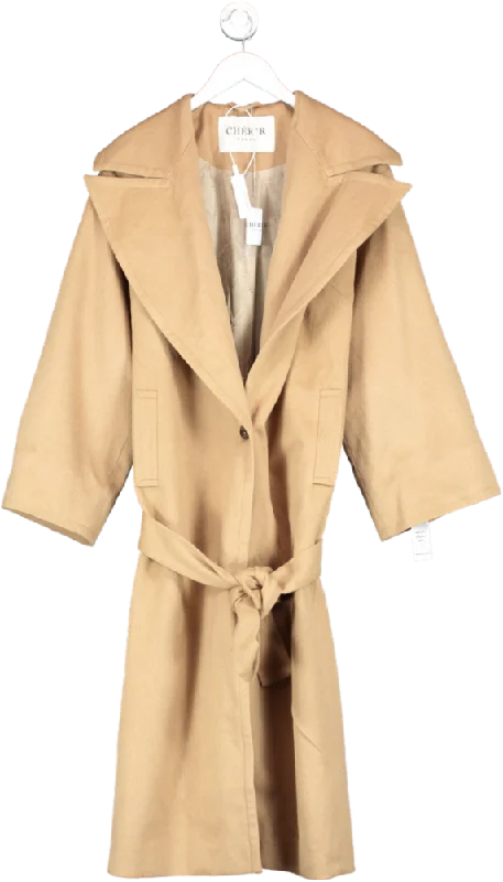 Cherir Paris Beige Camel Wool Maxi Coat With Tie Belt UK S