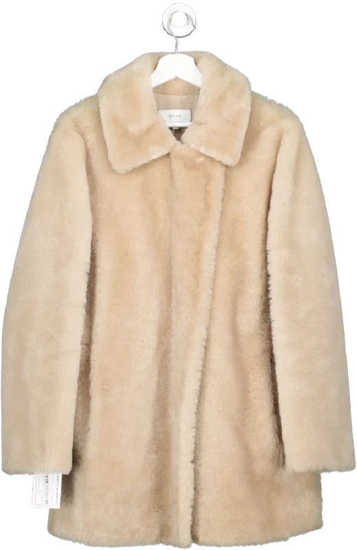 REISS Beige Izzie shearling mid length coat UK L