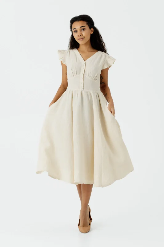 Diane Dress, Ruffle Sleeve, Hemp, Milky White