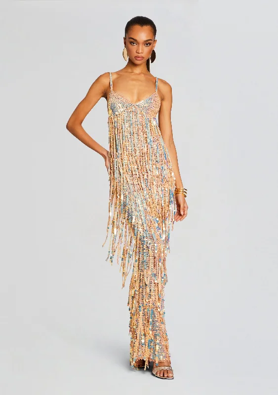 Mevia Sequin Fringe Crochet Dress