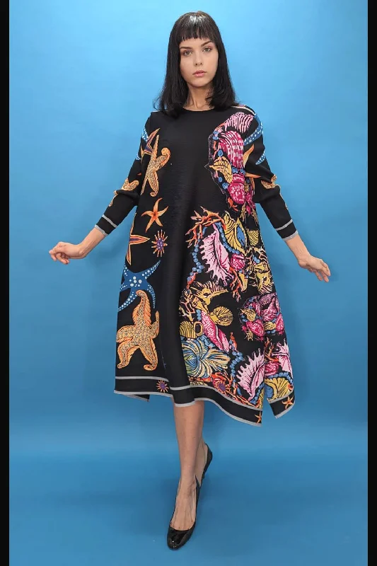 Long Sleeve Aquatic Print Midi Dress