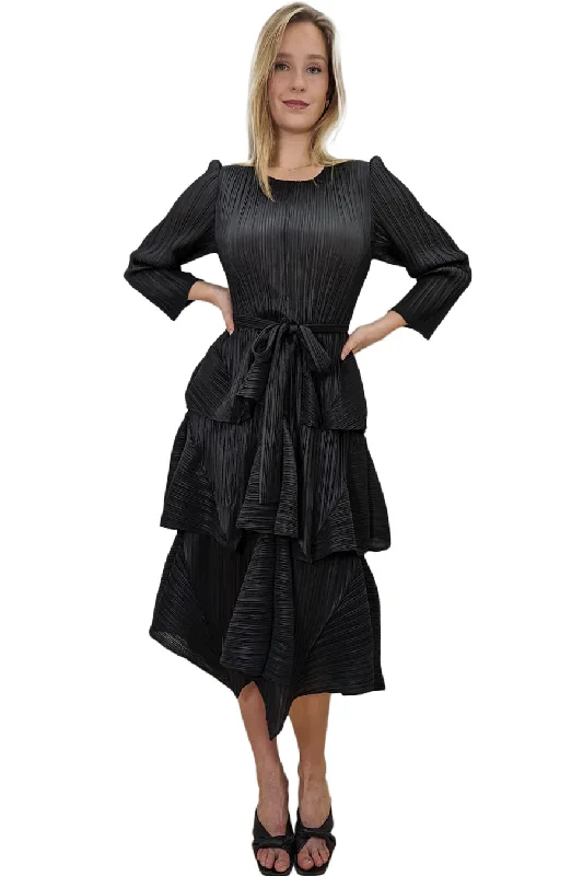 Long Sleeve Layered Wrap Belt Midi Dress