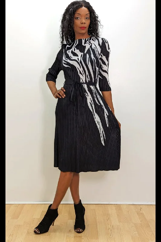 Long Sleeve Pleated Wrap Belt Midi Dress