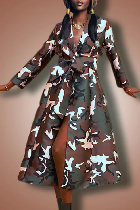 Long Sleeve Collared Camouflage Midi Dress