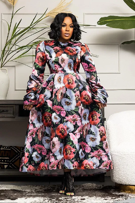 Long Sleeve Floral Print Pockets Wrap Belt Midi Dress