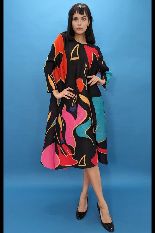 Long Sleeve Multi Colored Print Midi Dress