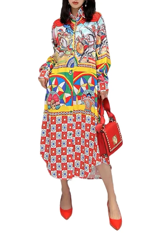 Long Sleeve Parabola Cut Horse Printed Midi Dress