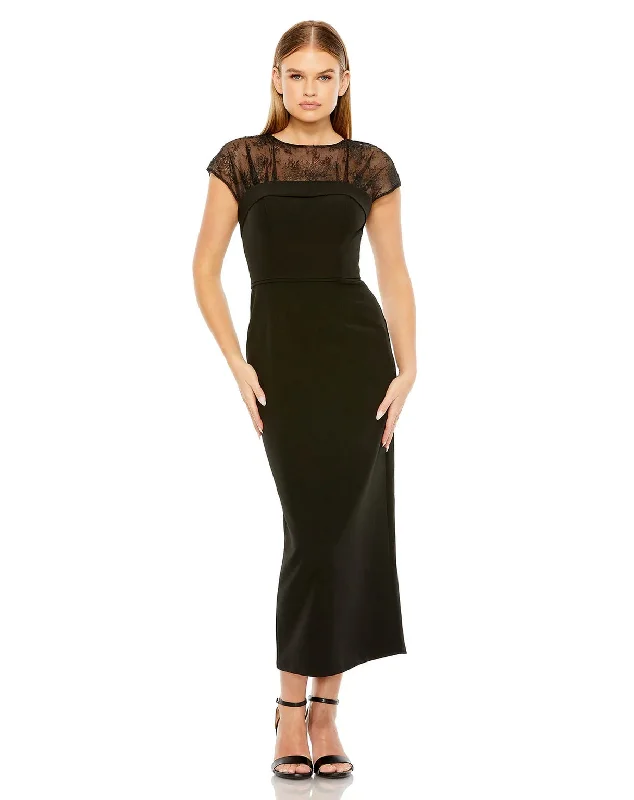 Mac Duggal 49799 Sheer Lace Top Crepe Midi Dress