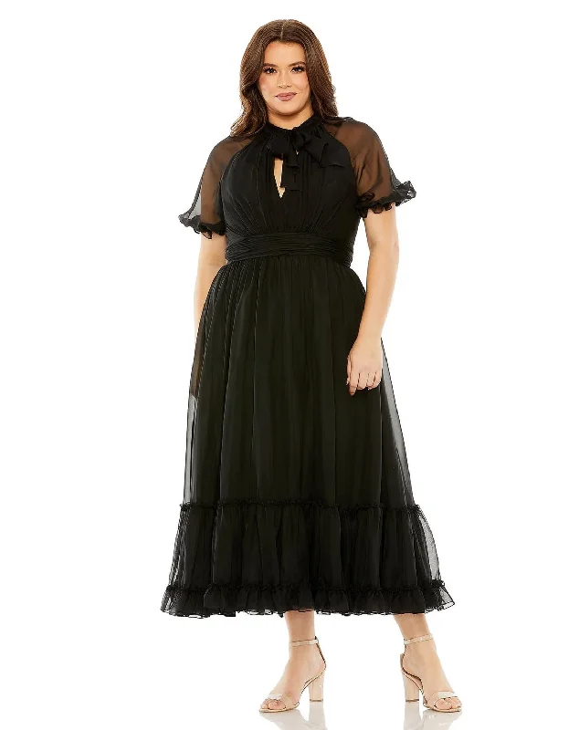 Mac Duggal 68428 Sheer Puff Sleeve Plus Size Midi Dress