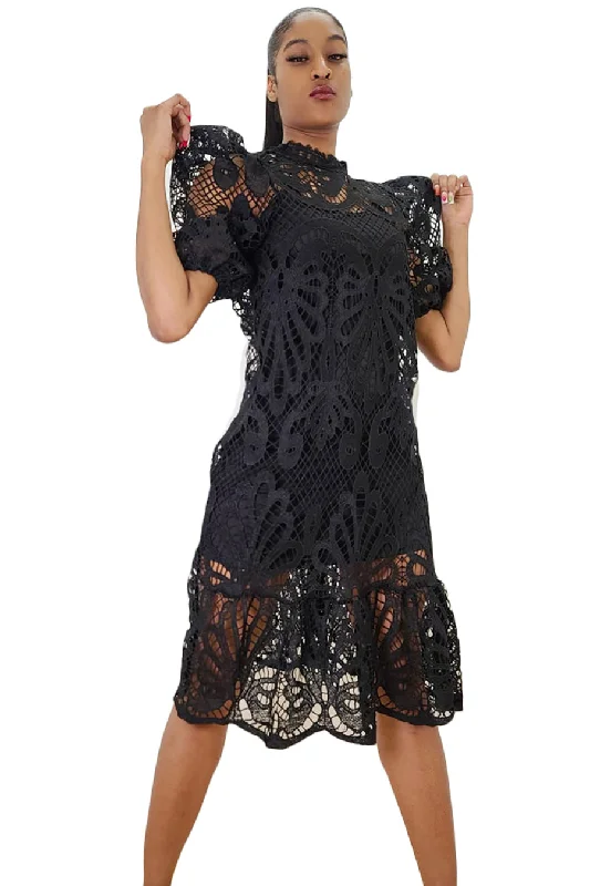 Short Sleeve High Neck Lace Midi Dress