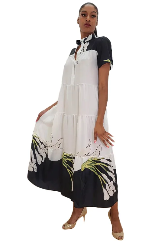 Short Sleeve Pockets Tiered Cotton Midi Dress