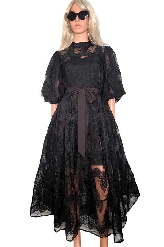 Short Sleeve Wrap Belt Lace Midi Dress