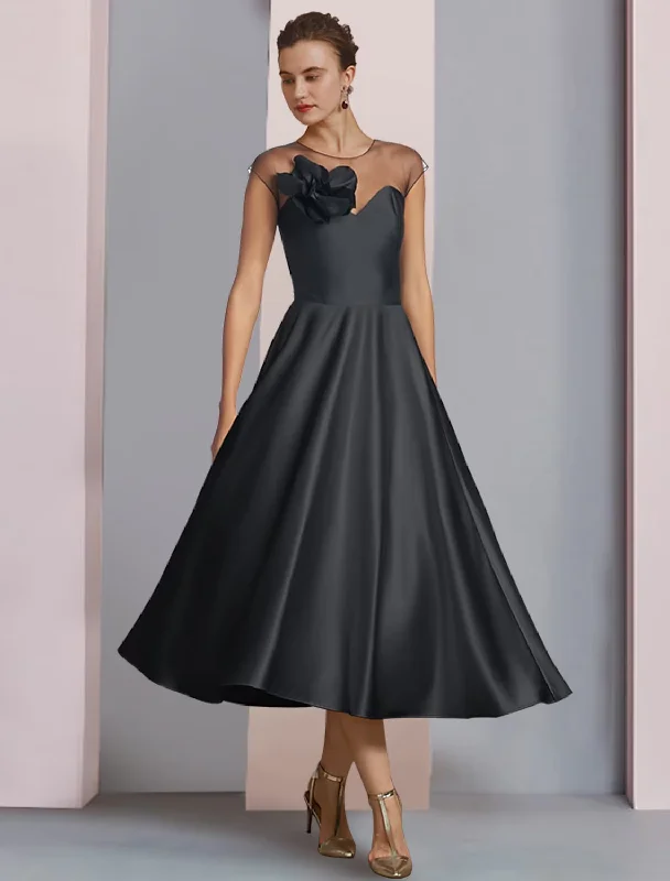 A-Line Mother of the Bride Dress Wedding Guest Party Elegant Scoop Neck Tea Length Satin Half Sleeve with Pleats Flower