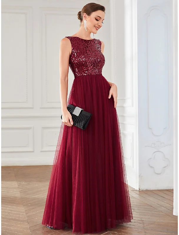 A-Line Party Dresses Sparkle & Shine Dress Wedding Guest Birthday Floor Length Sleeveless Jewel Neck Tulle with Sequin