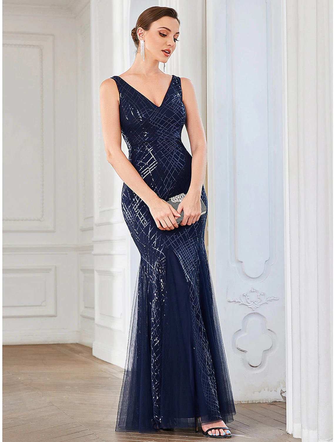 A-Line Party Dresses Sparkle & Shine Dress Wedding Guest Valentine's Day Floor Length Sleeveless V Neck Tulle with Sequin