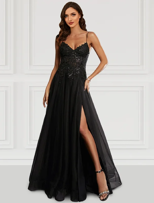 A-Line Prom Dresses Floral Dress Party Wear Wedding Party Floor Length Sleeveless Spaghetti Strap Tulle with Glitter Slit