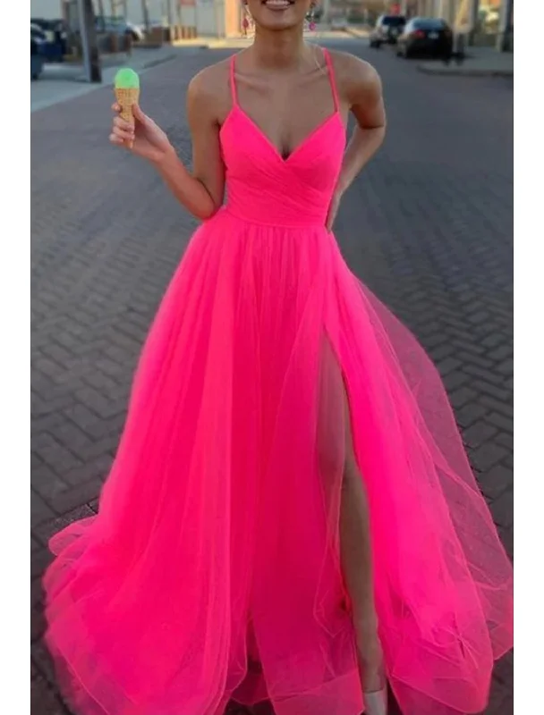 A-Line Prom Dresses Sexy Dress Wedding Party Birthday Court Train Sleeveless Spaghetti Strap Organza with Slit