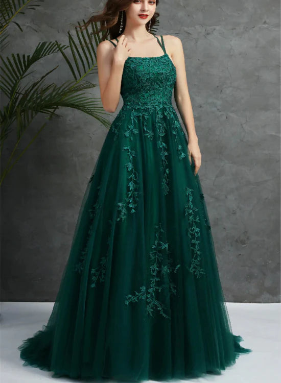 Dark Green Tulle Lace Applique Cross Back Long Prom Dress, Green Evening Gown Party Dress