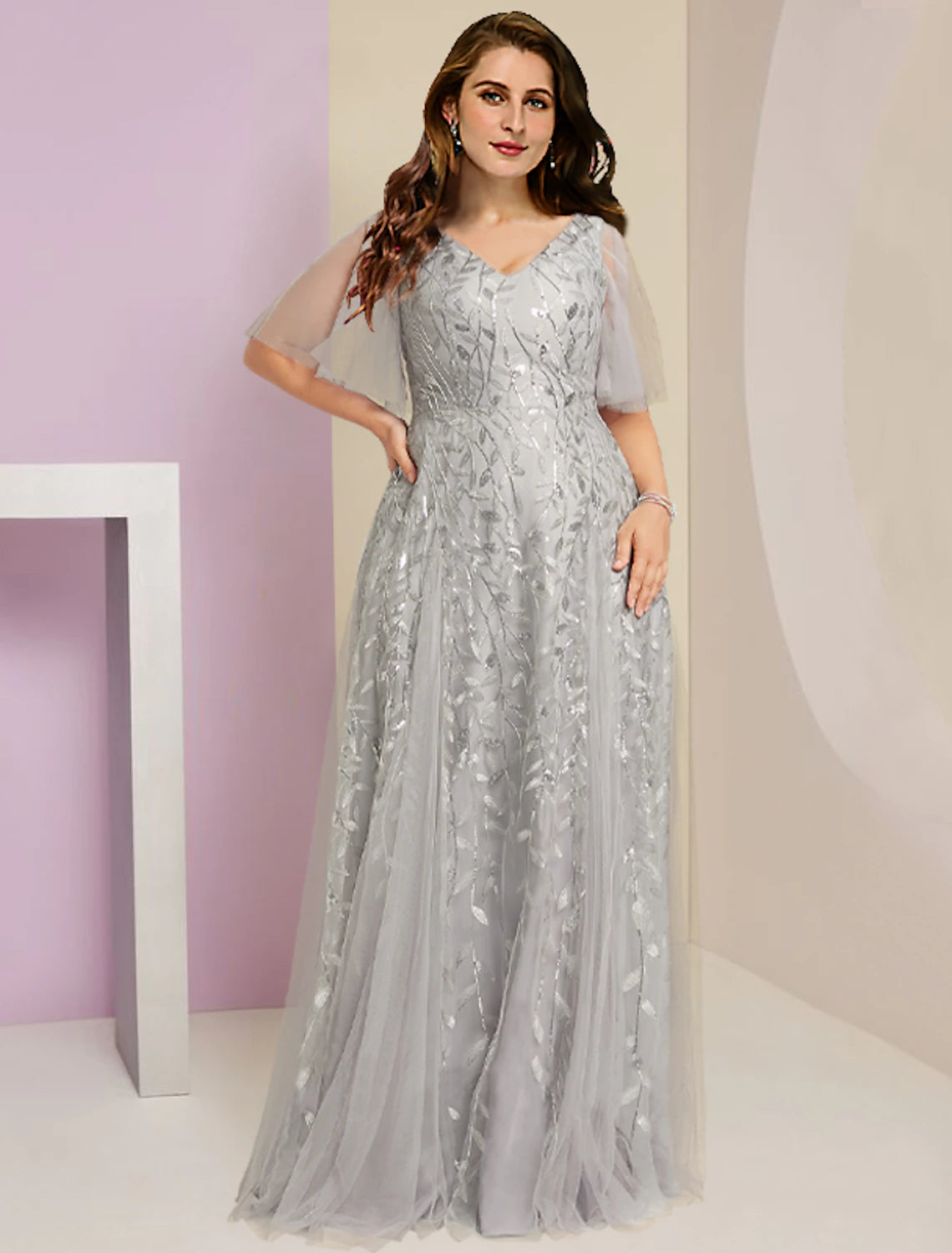 Mother of the Bride Dresses Plus Size Curve Hide Belly Party Sparkle & Shine V Neck Floor Length Lace Tulle Short Sleeve with Pleats Sequin