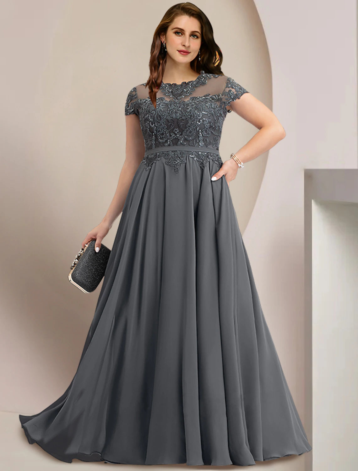 Mother of the Bride Dresses Plus Size Curve Hide Belly Wedding Guest Party Elegant Jewel Neck Floor Length Chiffon Lace Short Sleeve with Pleats Sequin