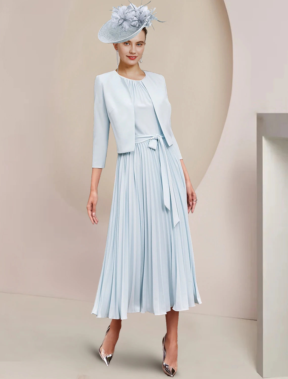 Two Piece A-Line Mother of the Bride Dress Wedding Guest Party Vintage Elegant Scoop Neck Tea Length Chiffon Sleeveless Wrap Included with Bow(s) Pleats