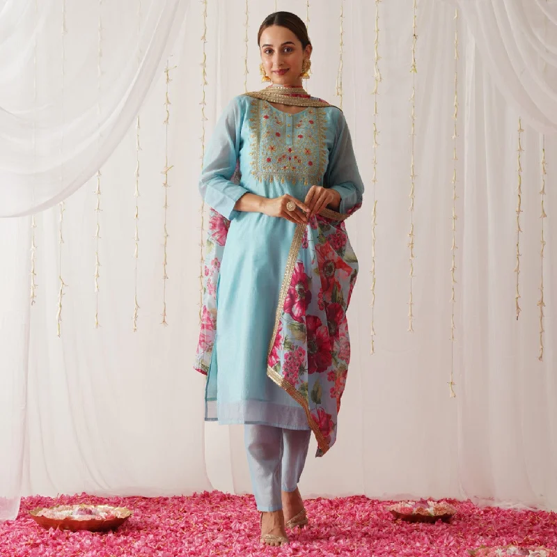 Light Blue Embroidered Chanderi Kurta Set