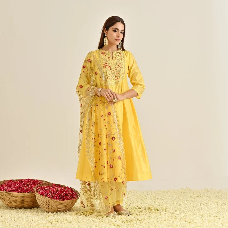 Mango Yellow Festive Anarkali Set with Embroidered Dupatta & Yoke Detail