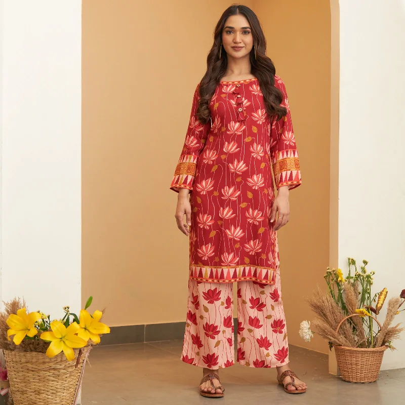 Maroon Pink Lotus Print Kurta Pant Co-ord Set